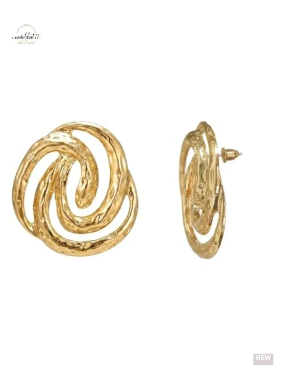 Chunky Gold Hammered Abstract Swirl Knot Post Back Dangle Earrings